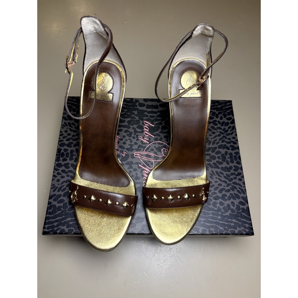 Y2K Vintage Baby Phat Gold Studded Cat Logo Platform Heel Wedge - Picture 3 of 6